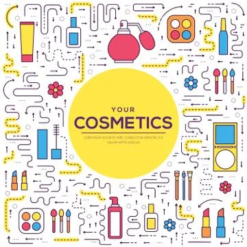 Thin line makeup tools modern illustration concept. Infographic cosmetic Stock Illustration