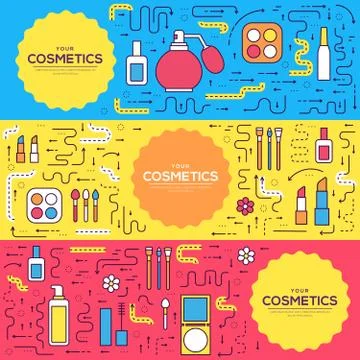 Thin line makeup tools modern illustration concept. Infographic cosmetic Stock Illustration