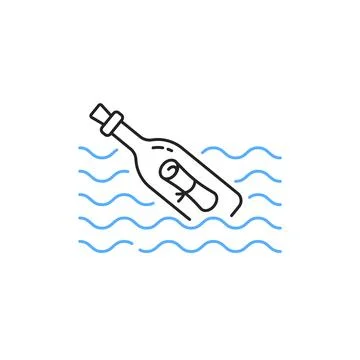 Thin line message bottle in waves Stock Illustration