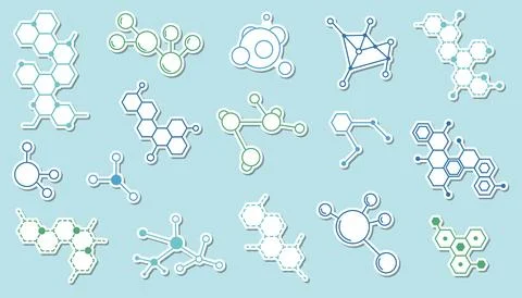 Thin line molecular structure stickers set in modern minimal style. Stock-Illustration