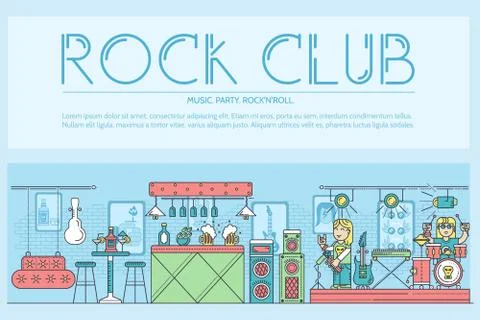 Thin line musicians playing and performing on stage during the party in rock Stock Illustration