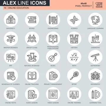 Thin line online education, e-learning, e-book icons set Illustrazione stock