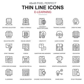 Thin line online education, e-book icons set Stock Illustration