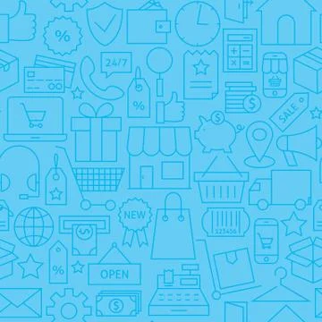 Thin Line Online Shopping Commerce Seamless Blue Pattern Stock Illustration
