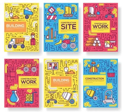 Thin line People at road works brochure cards set.  Heavy vehicles making th Stock Illustration