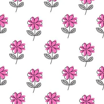 Thin line pink flower vector pattern Stock Illustration