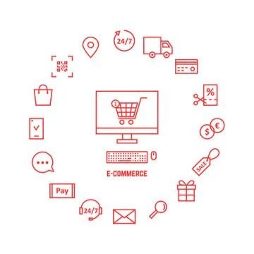 Thin line red icons for e-commerce Stock Illustration