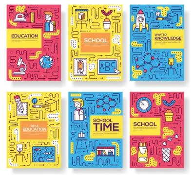 Thin line school class brochure card set.  Pupils in classroom of flyea Illustrazione stock