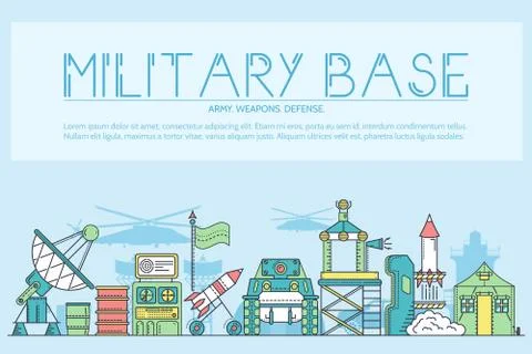 Thin line set of different rocket weapons and vehicles on military base concept Stock Illustration