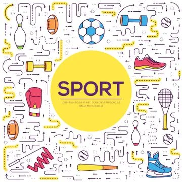 Thin line sport tools modern illustration concept. Infographic equipment for Stock Illustration