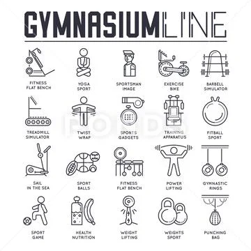 Thin line sporty men and women doing exercises and working out in gymnasium Stock Illustration