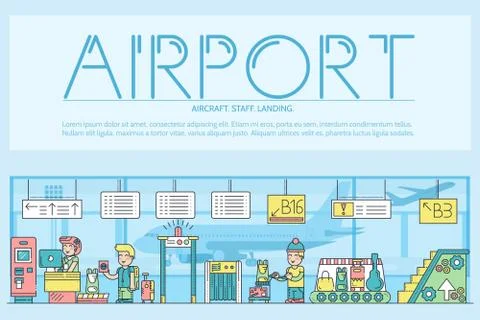Thin line staff working and registering people and luggage in the airport design Stock Illustration