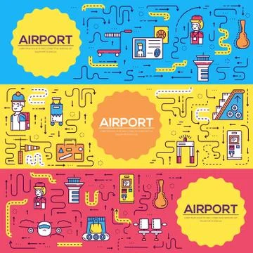 Thin line staff working and registering people brochure cards set.  luggage i Stock Illustration