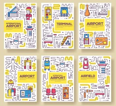 Thin line staff working and registering people brochure cards set.  Luggage i Stock Illustration