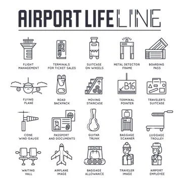 Thin line staff working and registering people and luggage in the airport design Stock Illustration