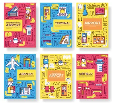Thin line staff working and registering people brochure cards set.  luggage i Stock Illustration