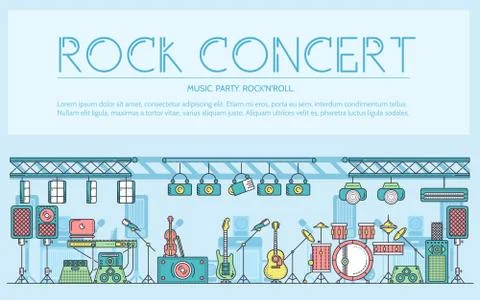 Thin line stage with different music instrunents and equipment for plating rock Stock Illustration