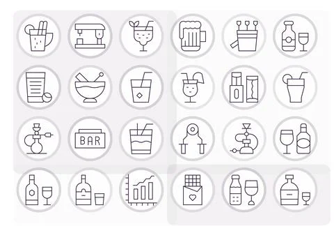 Thin Line Style Bar Vector Icons with 24 256x256 Pixel Aligned Designs Illustrazione stock
