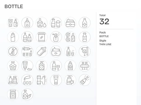 Thin Line Style Bottle Vector Icons with 32 256x256 Grid Fitted Designs 스톡 일러스트