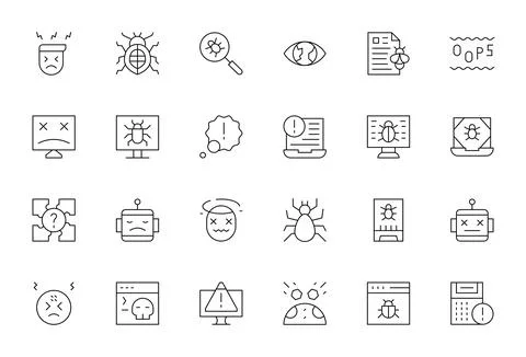 Thin Line Style Bug Vector Icons with 24 Retina Ready Detail Enhanced Designs Stock Illustration