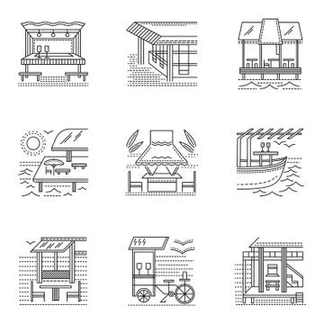 Thin line style cafe and bungalows icons Ilustración de archivo
