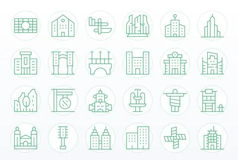 Thin Line Style Cityscape Vector Icons with 24 Retina Ready Pixel Aligned D.. Stock Illustration