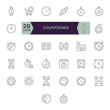 Thin Line Style Countdown Vector Icons with 32 High Resolution Pixel Optimi.. Stock Illustration