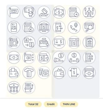 Thin Line Style Credit Vector Icons with 32 64x64 Detail Enhanced Designs Stock Illustration