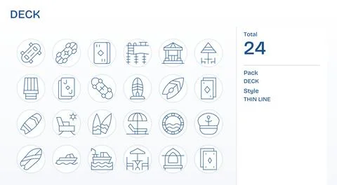 Thin Line Style Deck Vector Icons with 24 256x256 Grid Fitted Designs Stock Illustration