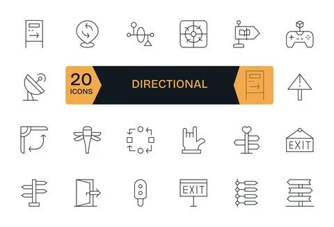 Thin Line Style Directional Vector Icons with 24 Retina Ready Pixel Aligned.. Stock Illustration