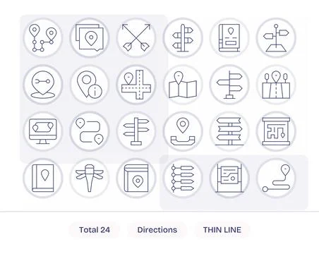 Thin Line Style Directions Vector Icons with 24 Retina Ready Pixel Optimize.. Stock Illustration