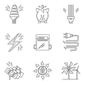 Thin line style energy saving icons Stock Illustration