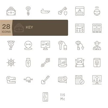 Thin Line Style Key Vector Icons with 32 Retina Ready Display Perfect Designs Stock Illustration