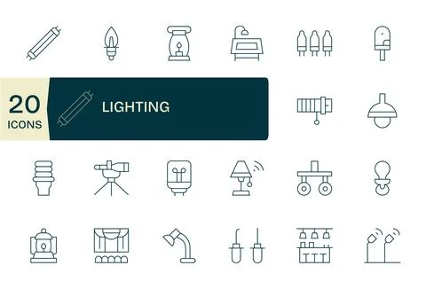 Thin Line Style Lighting Vector Icons with 20 64x64 Detail Enhanced Designs Stock Illustration