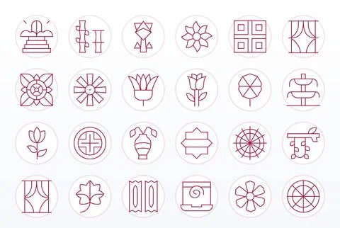 Thin Line Style Ornamental Vector Icons with 24 256x256 Editable Designs Stock Illustration
