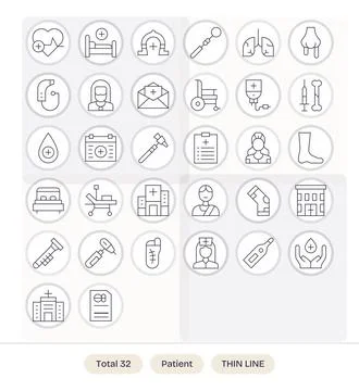 Thin Line Style Patient Vector Icons with 32 256x256 Grid Fitted Designs Stock Illustration