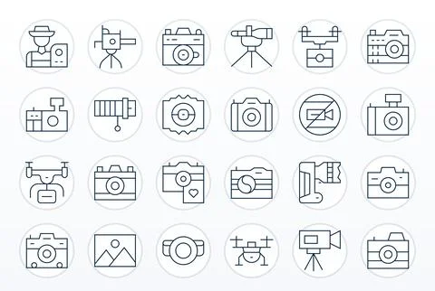 Thin Line Style Photography Vector Icons with 24 64x64 Pixel Aligned Designs Stock Illustration