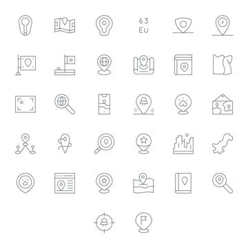 Thin Line Style Region Vector Icons with 32 64x64 Detail Enhanced Designs Stock Illustration