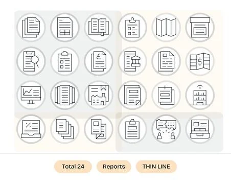 Thin Line Style Reports Vector Icons with 24 128x128 Pixel Optimized Designs Stock Illustration