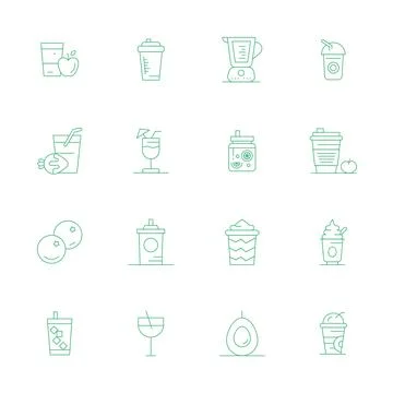 Thin Line Style Smoothie Vector Icons with 16 128x128 Grid Fitted Designs Stock Illustration