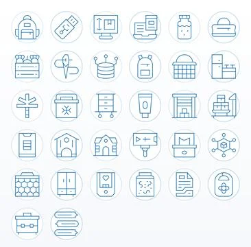Thin Line Style Storage Vector Icons with 32 Retina Ready Editable Designs Stock Illustration