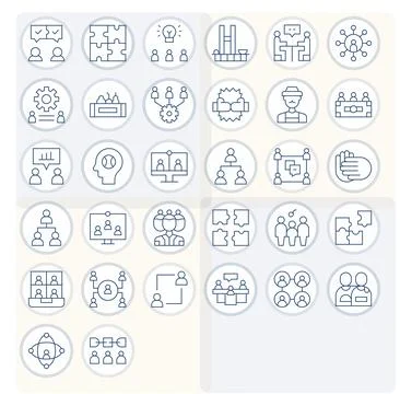 Thin Line Style Teamwork Vector Icons with 32 128x128 Grid Fitted Designs Stock Illustration