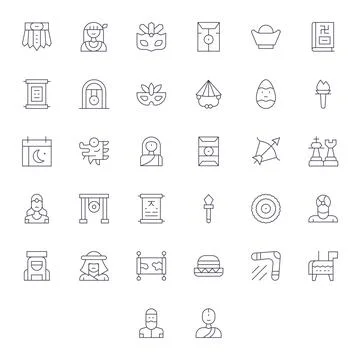 Thin Line Style Tradition Vector Icons with 32 64x64 Grid Fitted Designs 스톡 일러스트