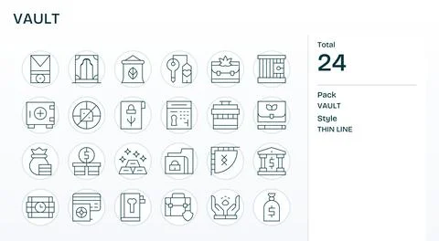 Thin Line Style Vault Vector Icons with 24 256x256 Pixel Aligned Designs Ilustración de archivo