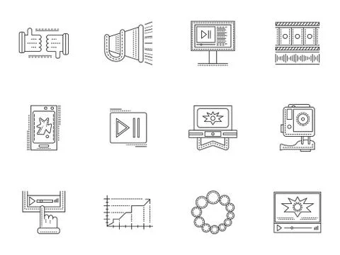 Thin line style video blogging icons Stock Illustration