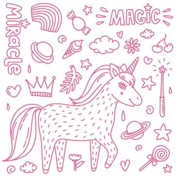 Thin line vector illustration with cute handdrawn unicorn and magic stuff. Ilustración de archivo