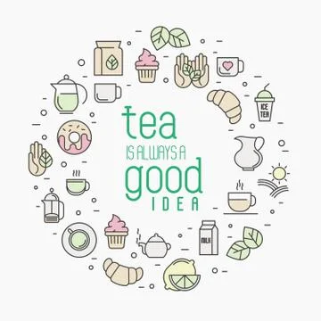 Thin line vector illustration of tea, tea ceremony and sale of tea beverage Illustrazione stock