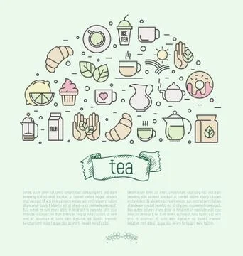 Thin line vector illustration of tea, tea ceremony and sale of tea beverage Illustrazione stock