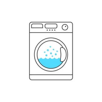 Thin line washing machine with blue bubble Stock Illustration