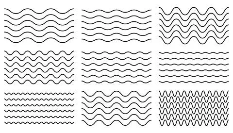 Thin line wavy seamless border collection. Wave pattern decoration. Set of .. Illustrazione stock